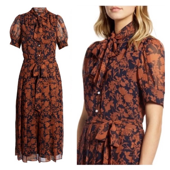 1901 Floral Print Pearl Button Pleated Chiffon Midi Dress L - Picture 12 of 13